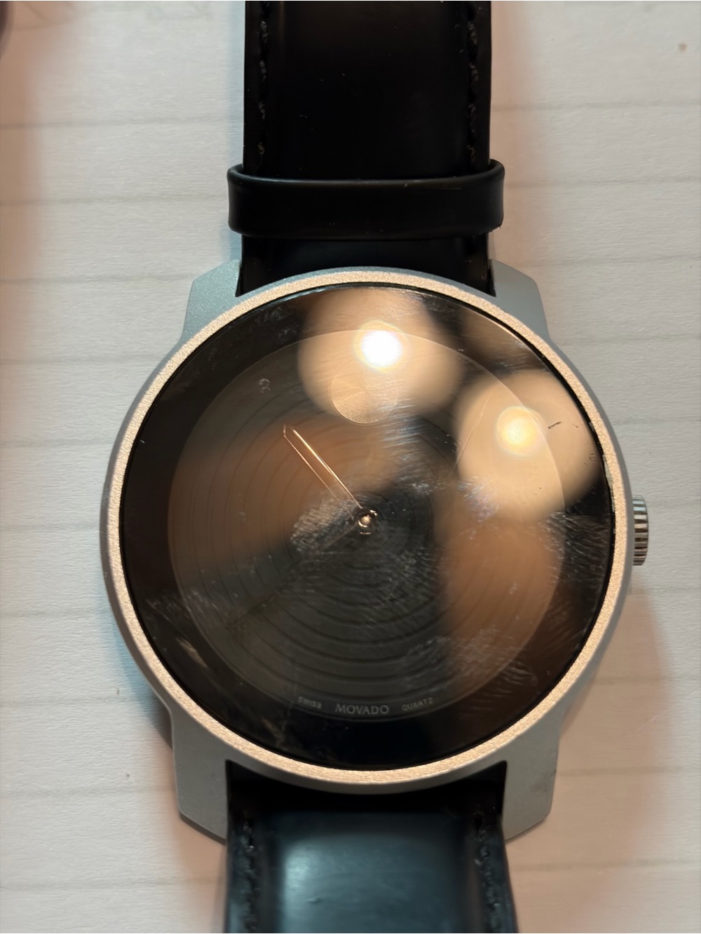 Movado Bold  Black Dial Silver Case Leather Strap Minimalist Watch